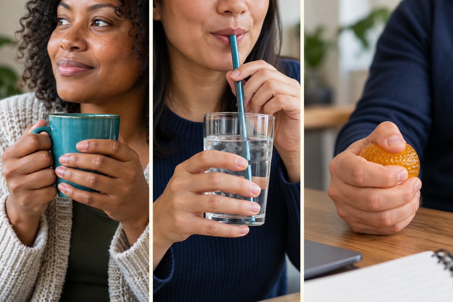 Examples of everyday alternatives: holding a mug, drinking water through a straw, and holding a textured squeeze ball